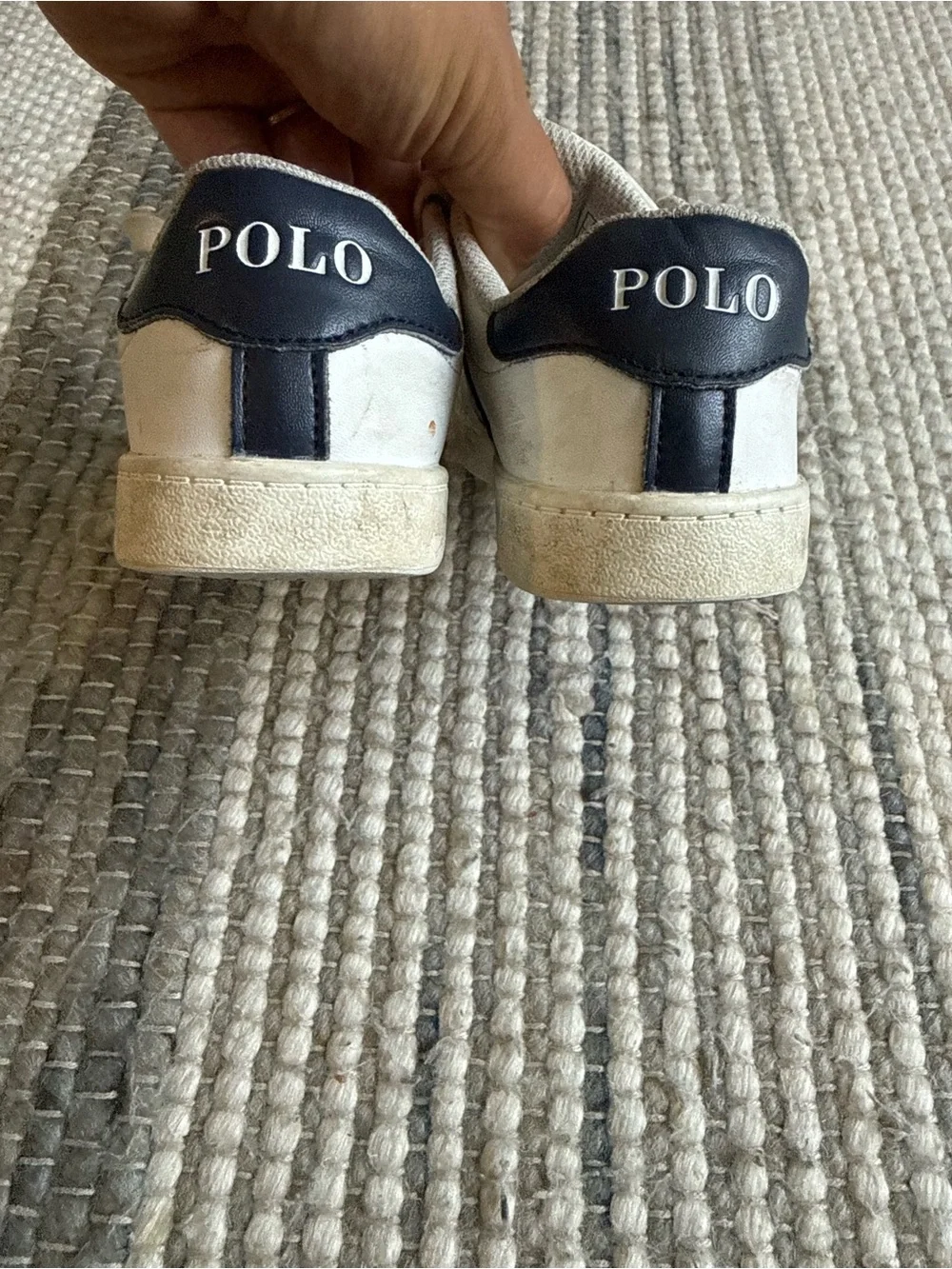 Ralph Lauren Kids White Sneakers with Blue Side Stripe and Bear Patch